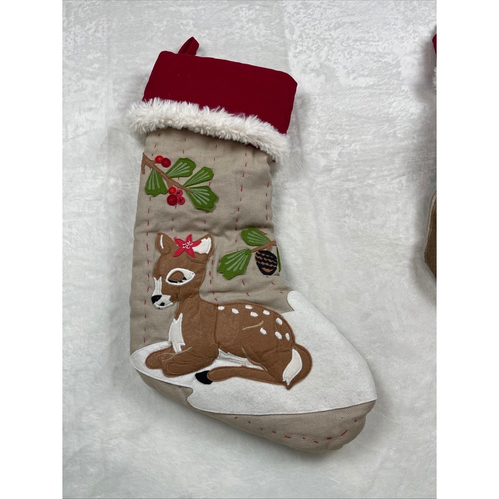 Pottery Barn Kids Christmas Stocking Quilted Deer Fawn Red Corduroy Faux Fur 20"